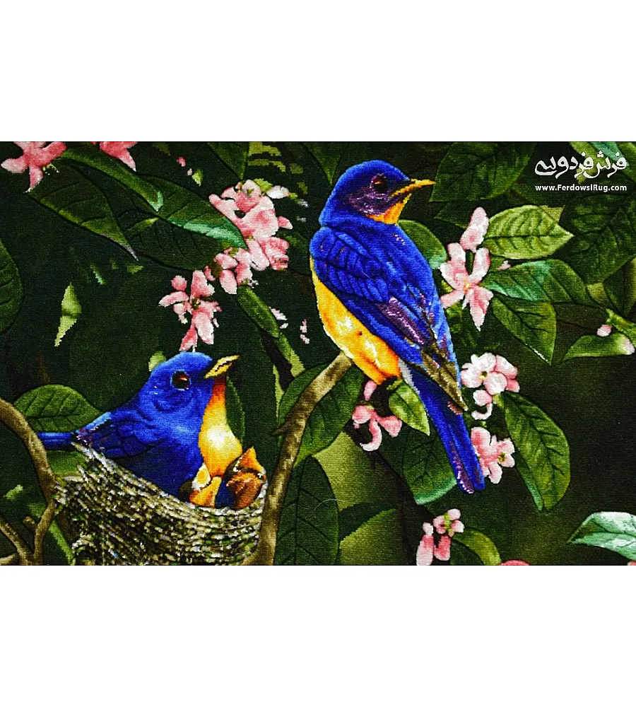 Tabriz handmade wall rug featuring intricate design of four colorful canaries on a vibrant floral background