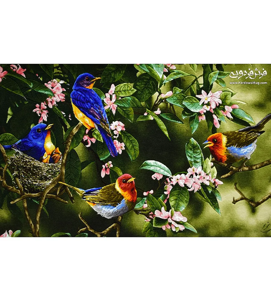 Tabriz handmade wall rug featuring intricate design of four colorful canaries on a vibrant floral background