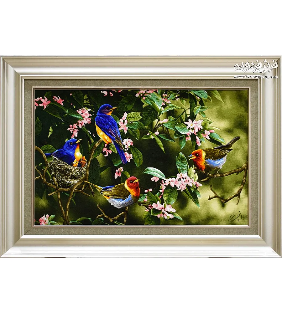 Tabriz handmade wall rug featuring intricate design of four colorful canaries on a vibrant floral background
