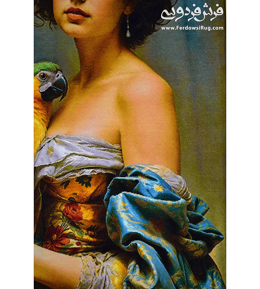 Handwoven carpet with tableau design featuring a girl and parrot, crafted in Tabriz style, showcasing intricate artistry and vibrant colors.