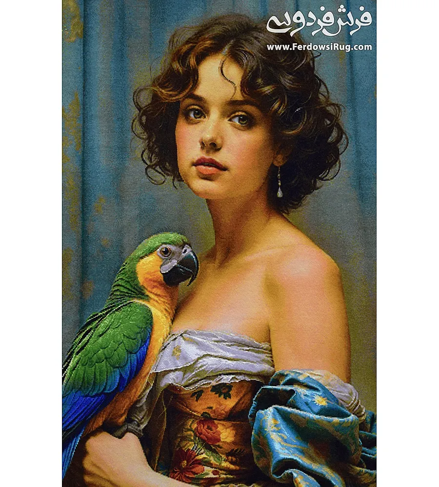 Handwoven carpet with tableau design featuring a girl and parrot, crafted in Tabriz style, showcasing intricate artistry and vibrant colors.