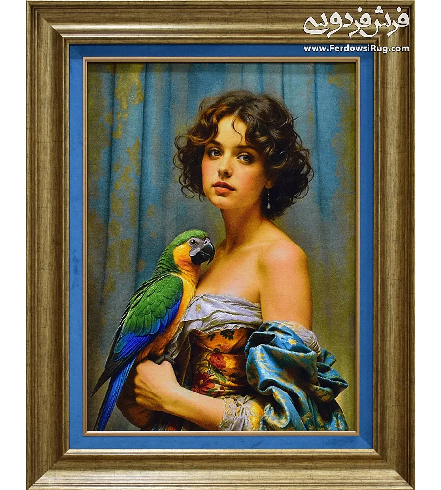 Handwoven carpet with tableau design featuring a girl and parrot, crafted in Tabriz style, showcasing intricate artistry and vibrant colors.