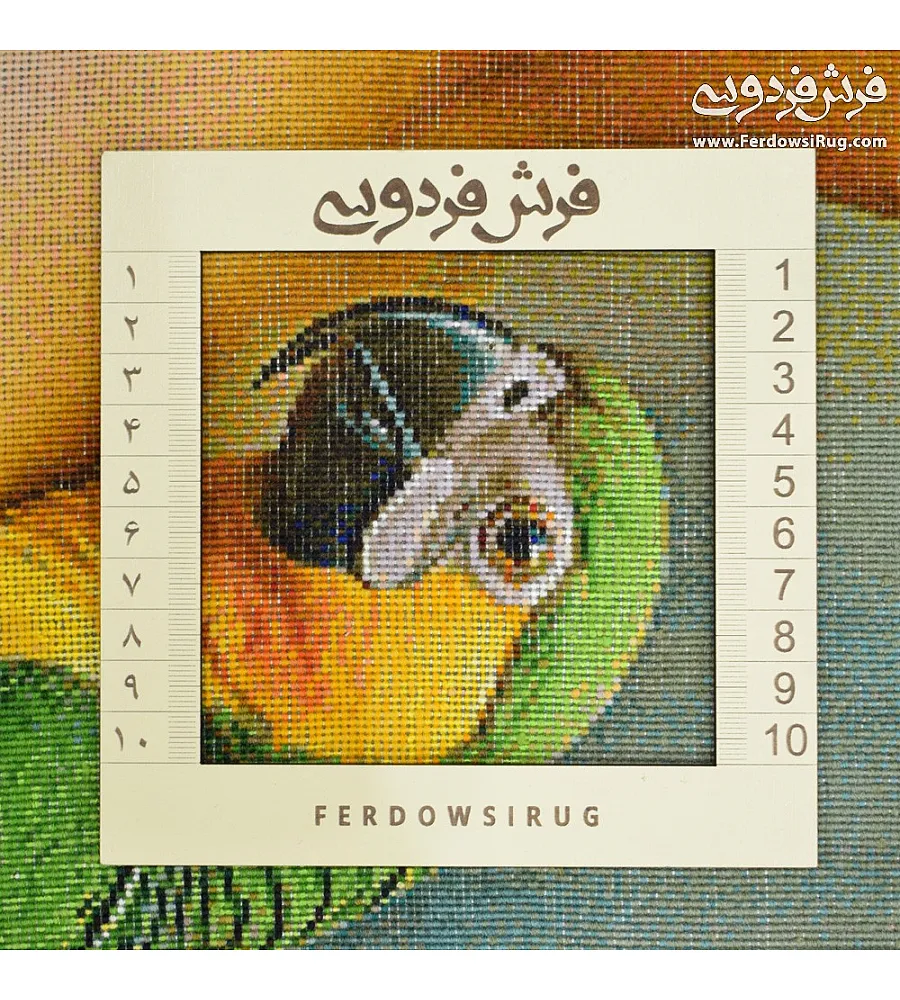 Handwoven carpet with tableau design featuring a girl and parrot, crafted in Tabriz style, showcasing intricate artistry and vibrant colors.