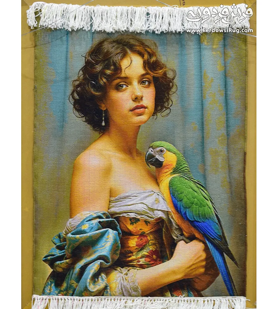 Handwoven carpet with tableau design featuring a girl and parrot, crafted in Tabriz style, showcasing intricate artistry and vibrant colors.