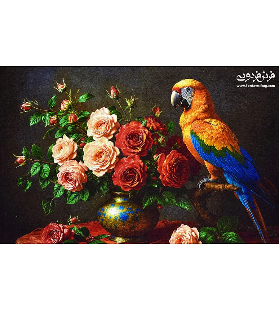 Tabriz handmade wall rug featuring an intricate parrot bird design, crafted with vibrant colors and traditional Persian artistry.