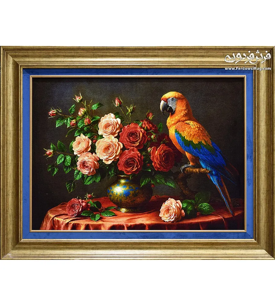 Tabriz handmade wall rug featuring an intricate parrot bird design, crafted with vibrant colors and traditional Persian artistry.