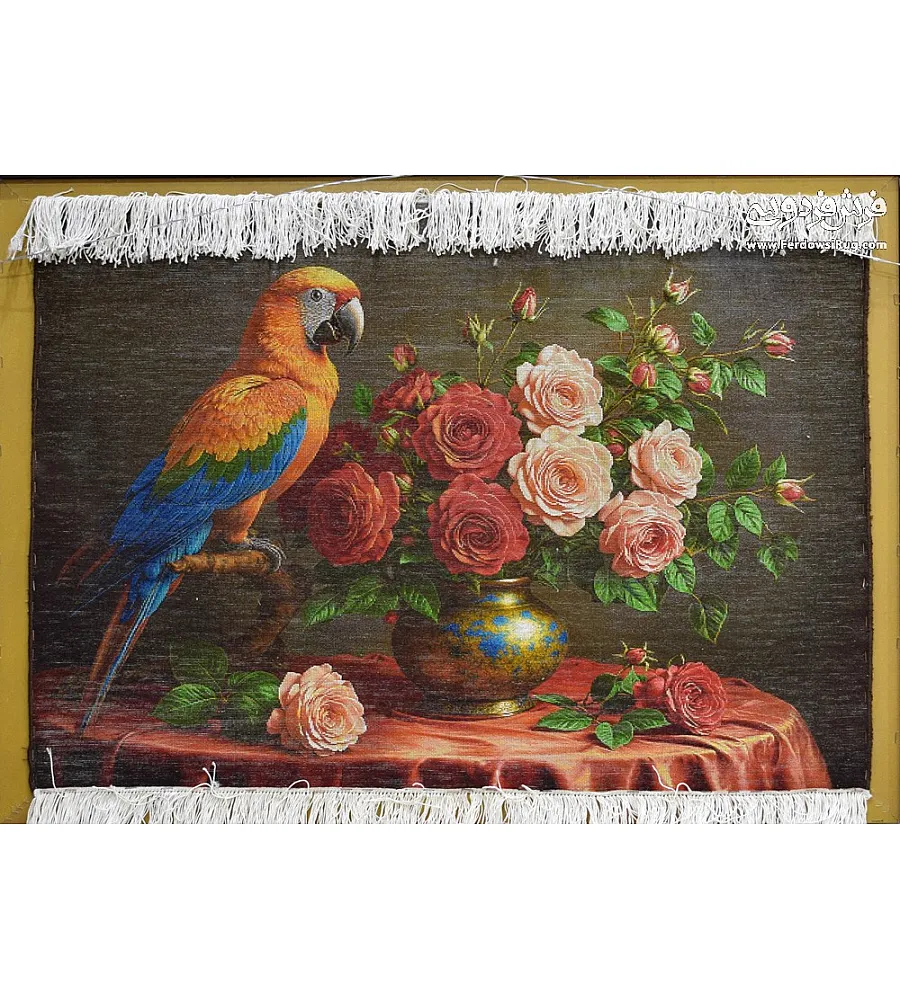 Tabriz handmade wall rug featuring an intricate parrot bird design, crafted with vibrant colors and traditional Persian artistry.