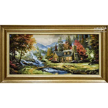 تابلو فرش دستباف طرح منظره رودخانه و کلبه بافت تبریز