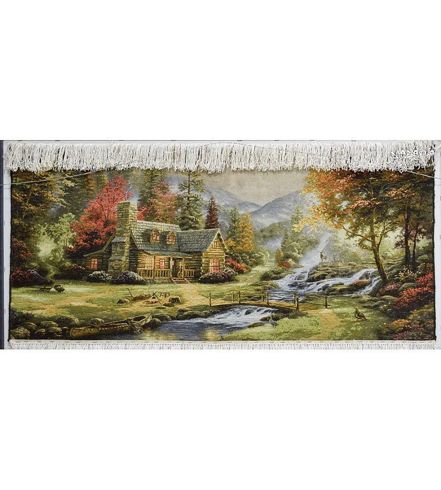 تابلو فرش دستباف منظره رودخانه و کلبه توماس کوچک بافت تبریز دکوراسیون شیک دست ساز طبیعی 