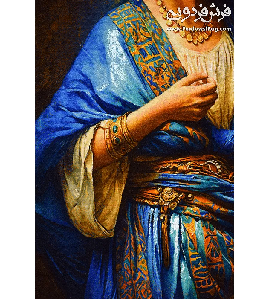 تابلو فرش دستباف طرح دختر عثمانی بافت تبریز با رنگ های طبیعی و ظرافت بالا مناسب دکوراسیون کلاسیک