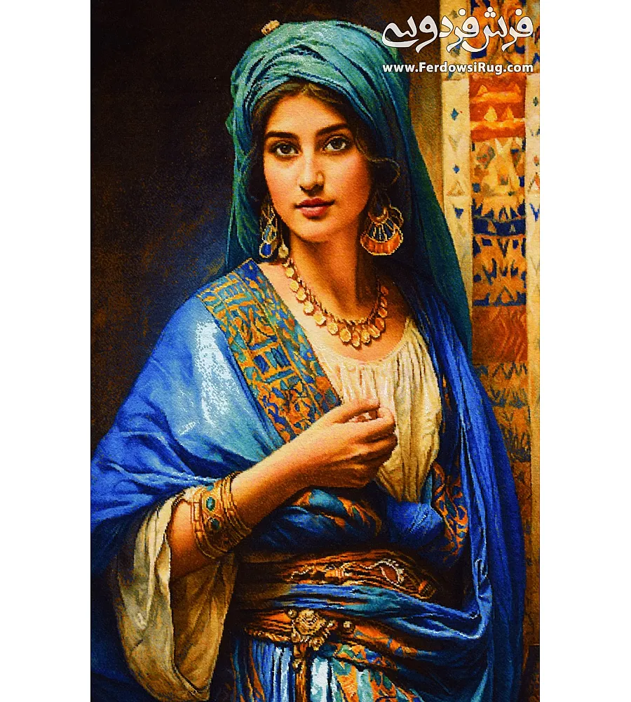 تابلو فرش دستباف طرح دختر عثمانی بافت تبریز با رنگ های طبیعی و ظرافت بالا مناسب دکوراسیون کلاسیک