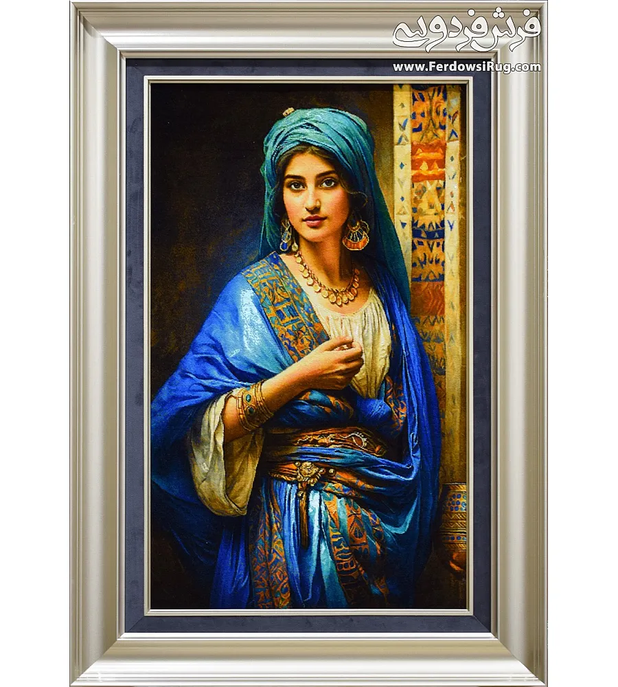 تابلو فرش دستباف طرح دختر عثمانی بافت تبریز با رنگ های طبیعی و ظرافت بالا مناسب دکوراسیون کلاسیک