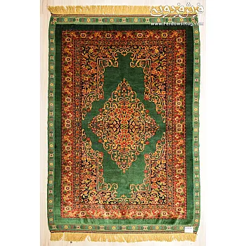 Hand-knotted rug, half a meter, all silk, green silk design, Khorasan weave