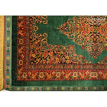 Hand-knotted rug, half a meter, all silk, green silk design, Khorasan weave