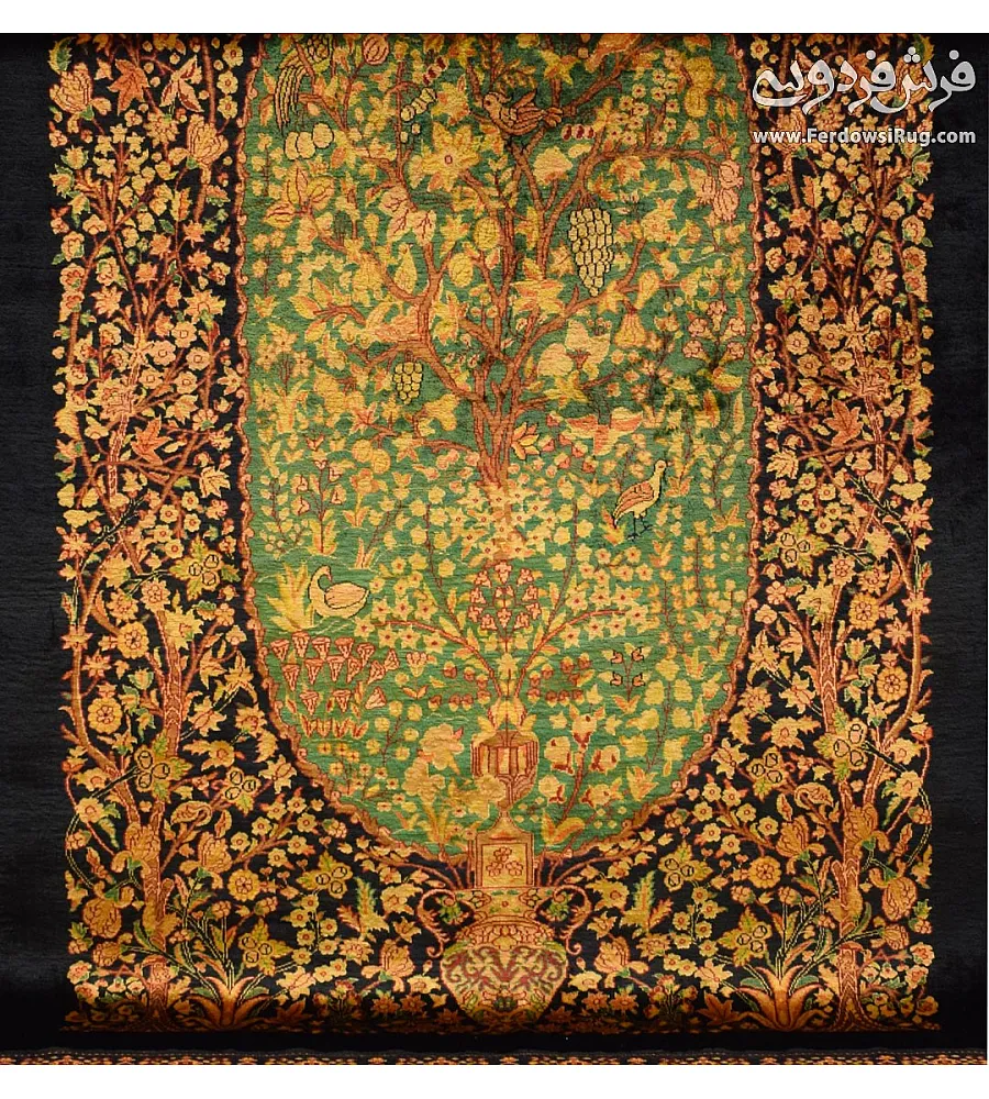 Handmade 1.5-meter rug, pure silk, Enchanted Garden design, crafted in Iran, elegant and luxurious home decor centerpiece.