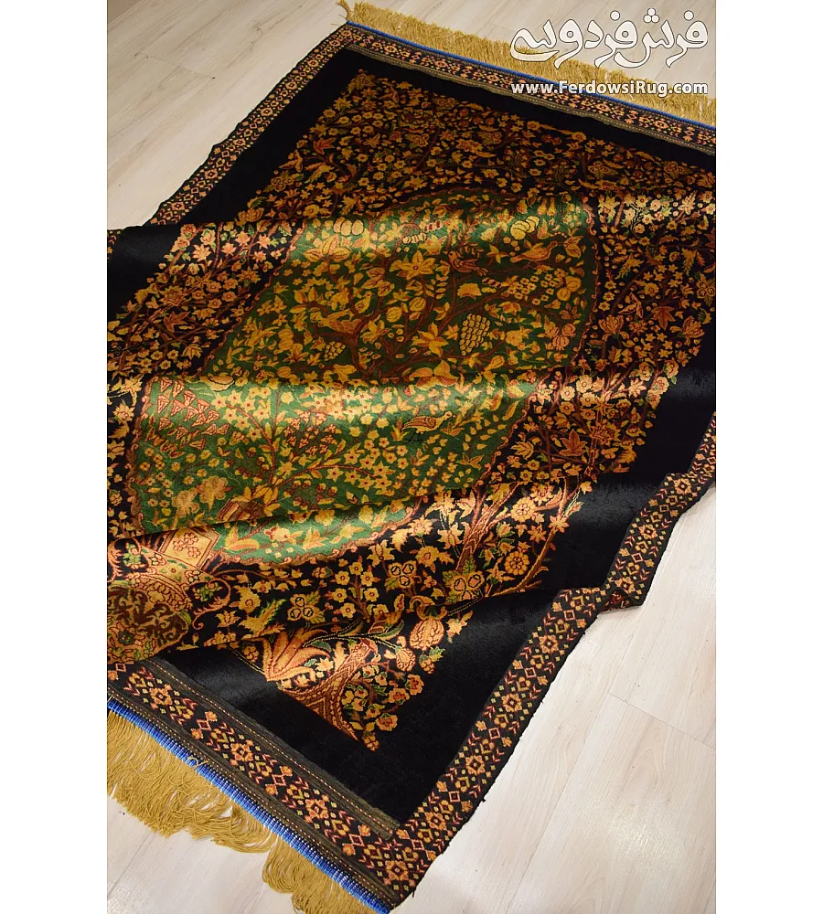 Handmade 1.5-meter rug, pure silk, Enchanted Garden design, crafted in Iran, elegant and luxurious home decor centerpiece.