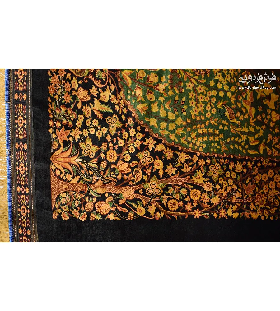 Handmade 1.5-meter rug, pure silk, Enchanted Garden design, crafted in Iran, elegant and luxurious home decor centerpiece.