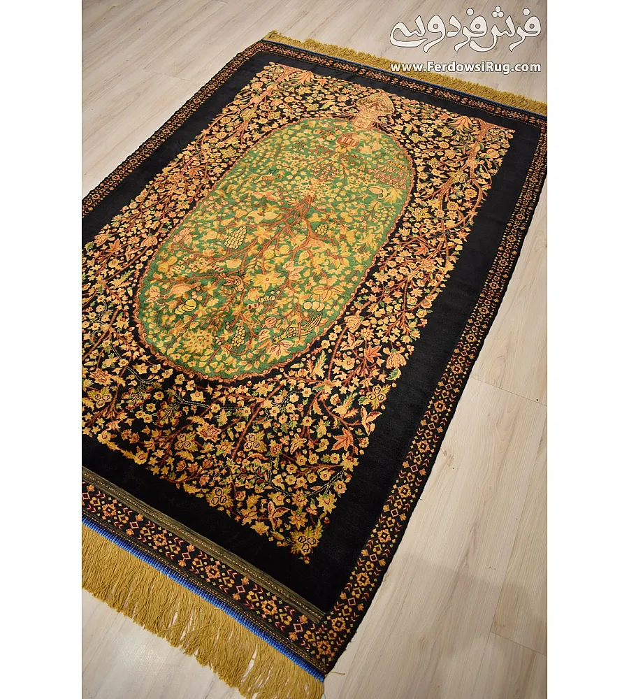 Handmade 1.5-meter rug, pure silk, Enchanted Garden design, crafted in Iran, elegant and luxurious home decor centerpiece.