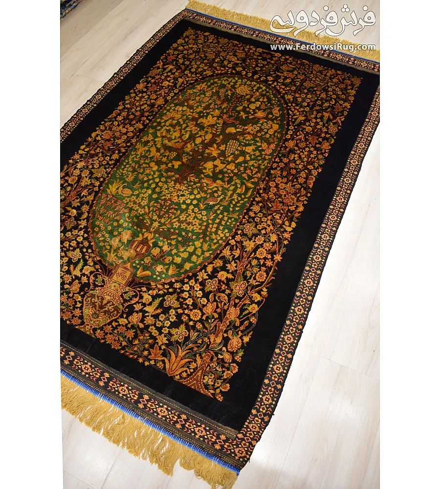 Handmade 1.5-meter rug, pure silk, Enchanted Garden design, crafted in Iran, elegant and luxurious home decor centerpiece.
