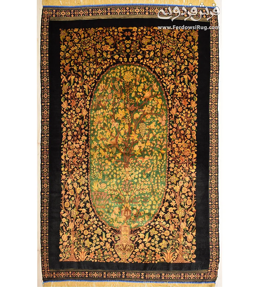 Handmade 1.5-meter rug, pure silk, Enchanted Garden design, crafted in Iran, elegant and luxurious home decor centerpiece.