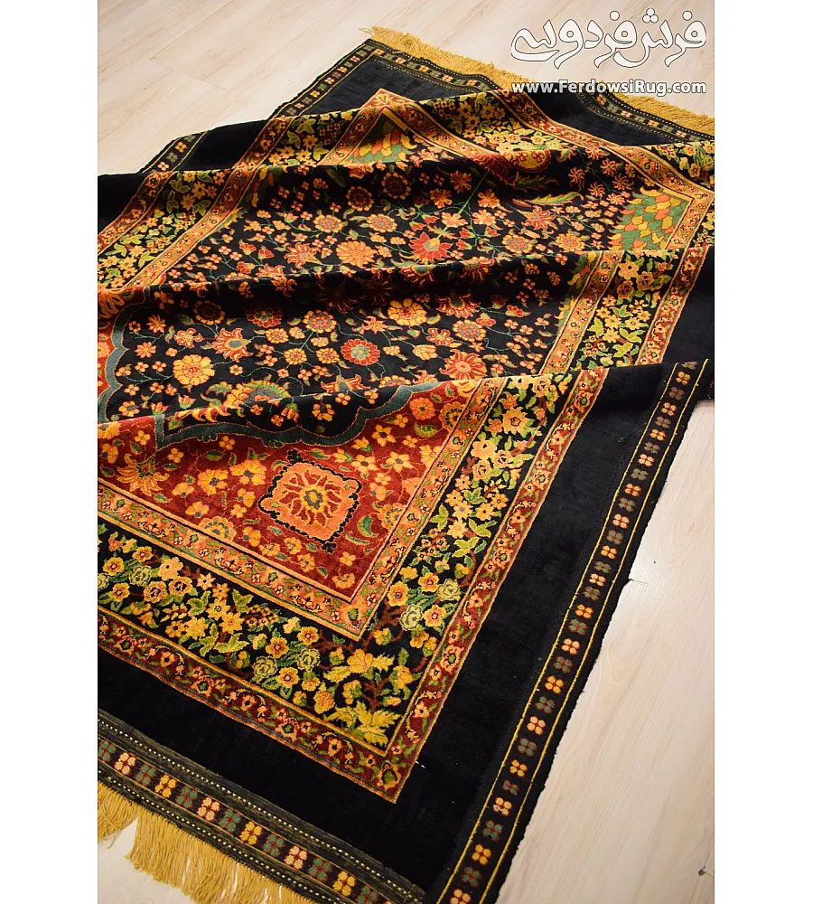 Handwoven silk rug with golden vase design, crafted in Iran, 1.5 square meters, elegant decor for luxury interiors.