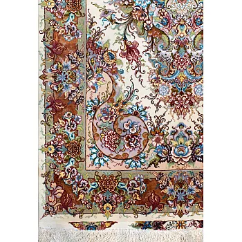 Hand-woven carpet, Zar and Nim, Khatibi design, cream silk border, Tabriz weaving