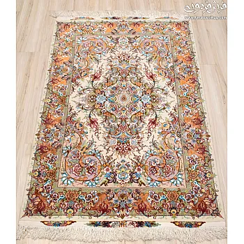 Hand-woven carpet, Zar and Nim, Khatibi design, cream silk border, Tabriz weaving