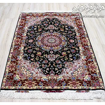 Handwoven rug Zar-o-Nim design Aliya navy blue copper border Tabriz weaving
