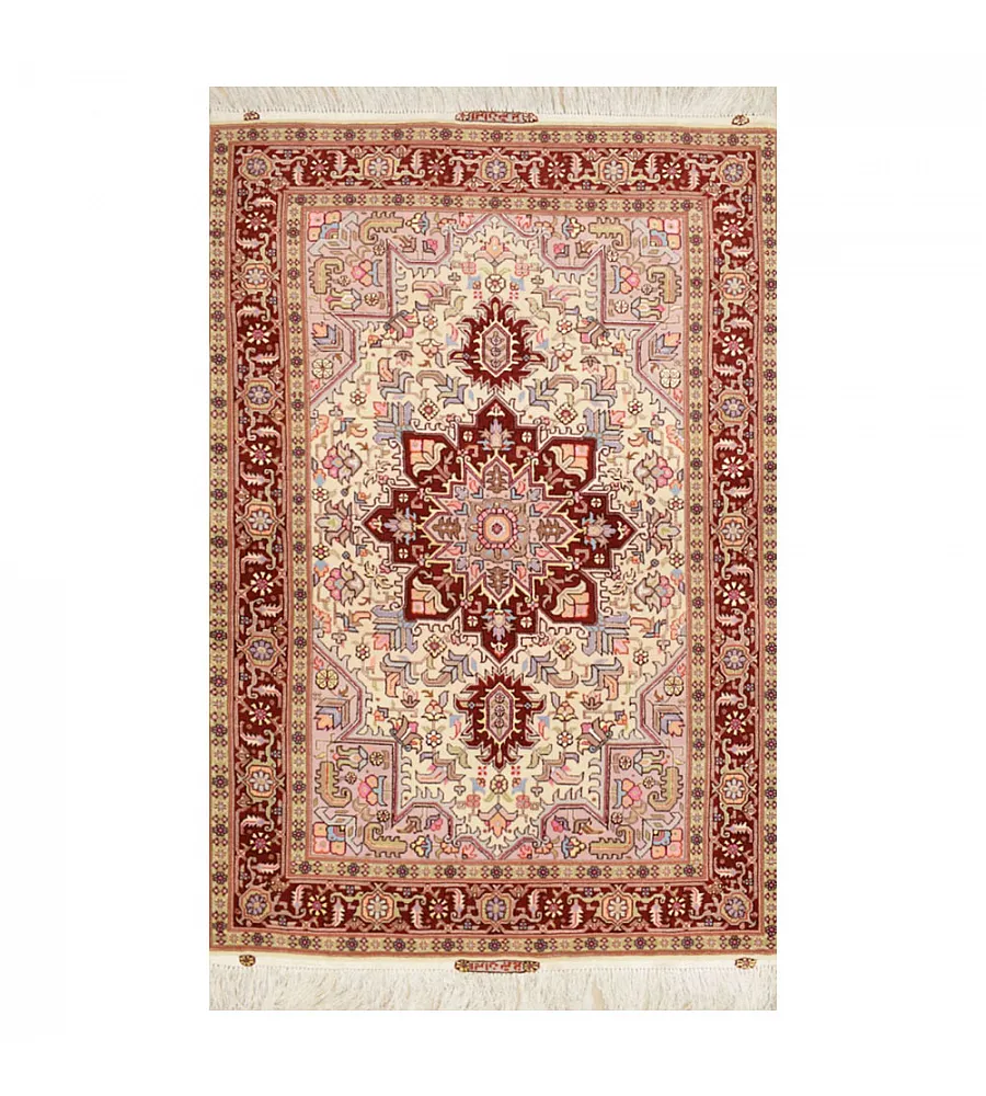 Handwoven cream carpet with intricate Heris and Tabriz patterns, Zar-o-Nim design, premium quality, perfect for home decor.
