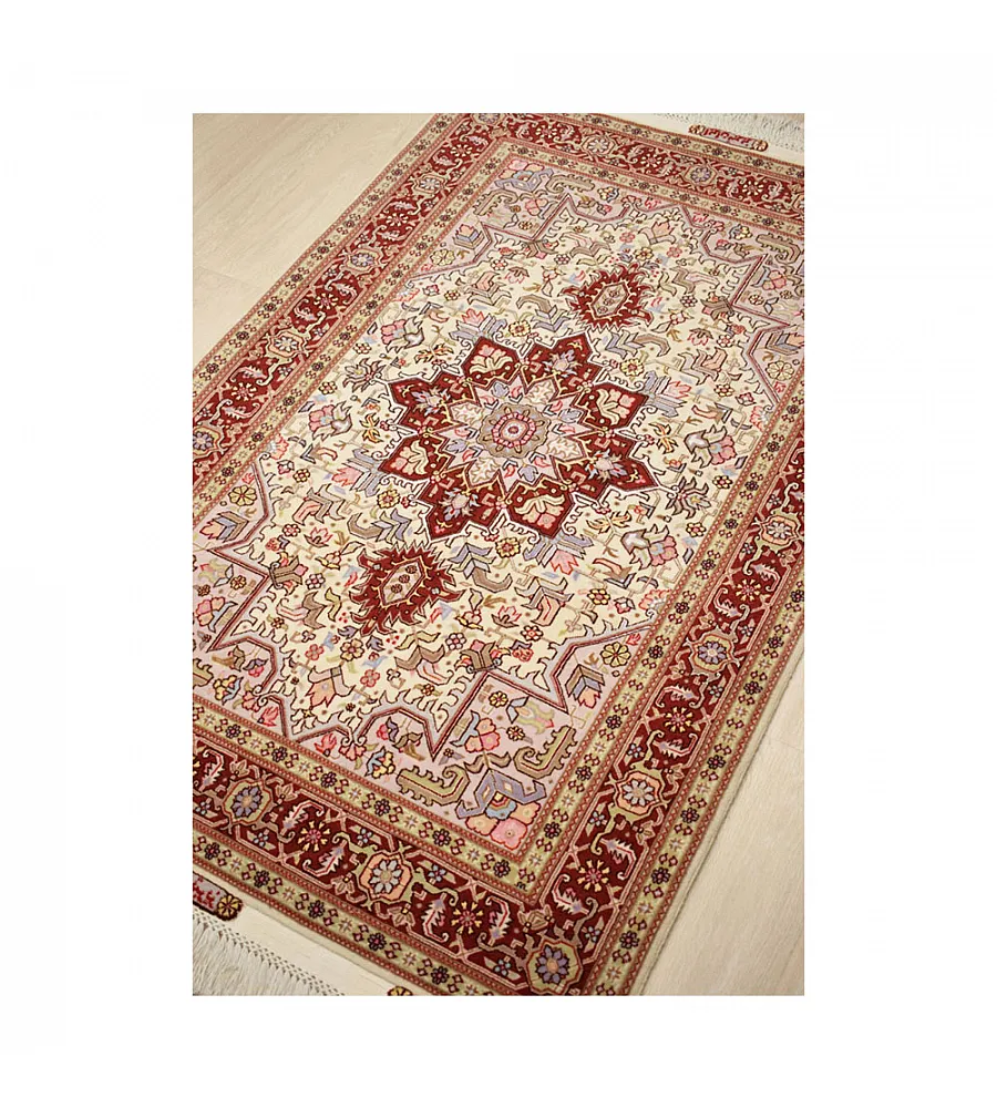 Handwoven cream carpet with intricate Heris and Tabriz patterns, Zar-o-Nim design, premium quality, perfect for home decor.
