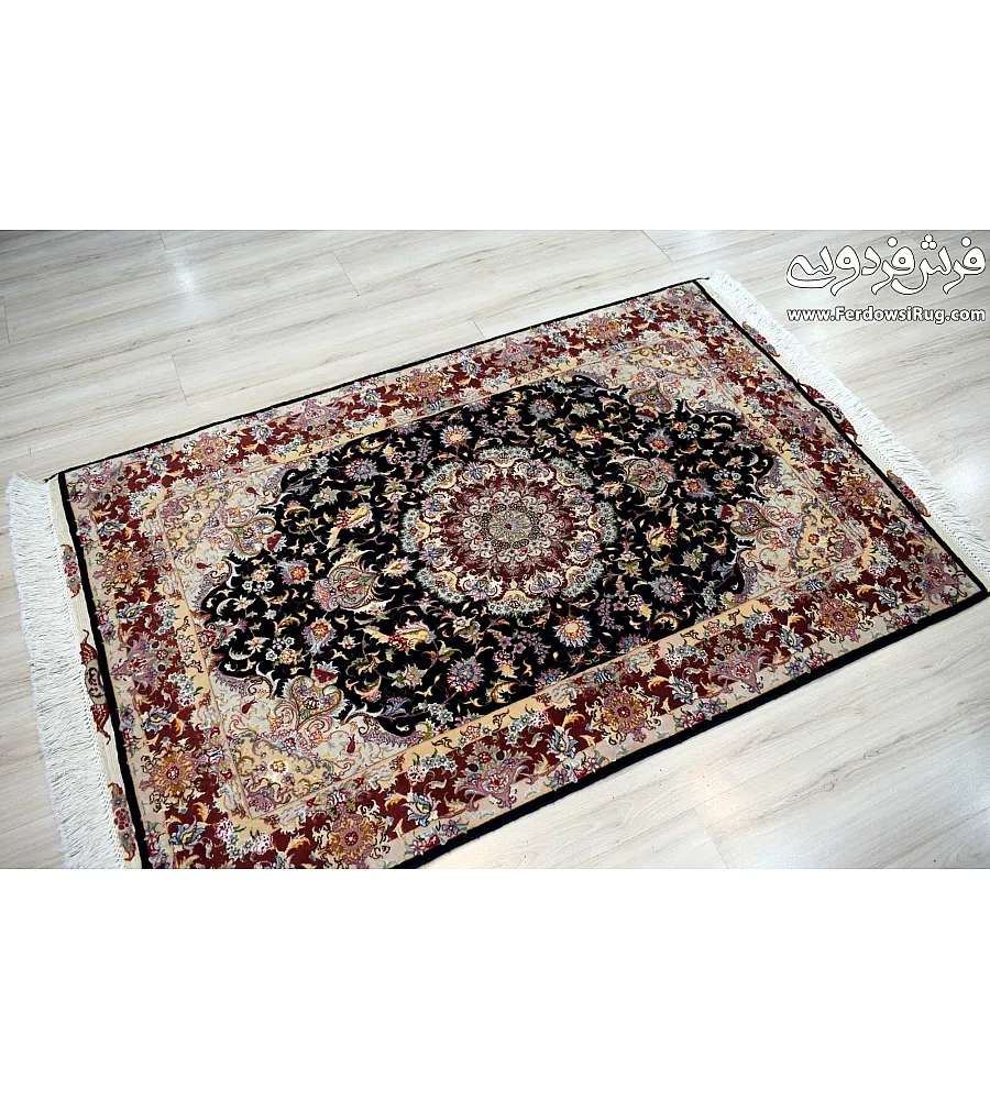 Handwoven black rug, 1.5 meters, Aliya design with intricate Tabriz weaving, perfect for home decor and adding elegance to any space.