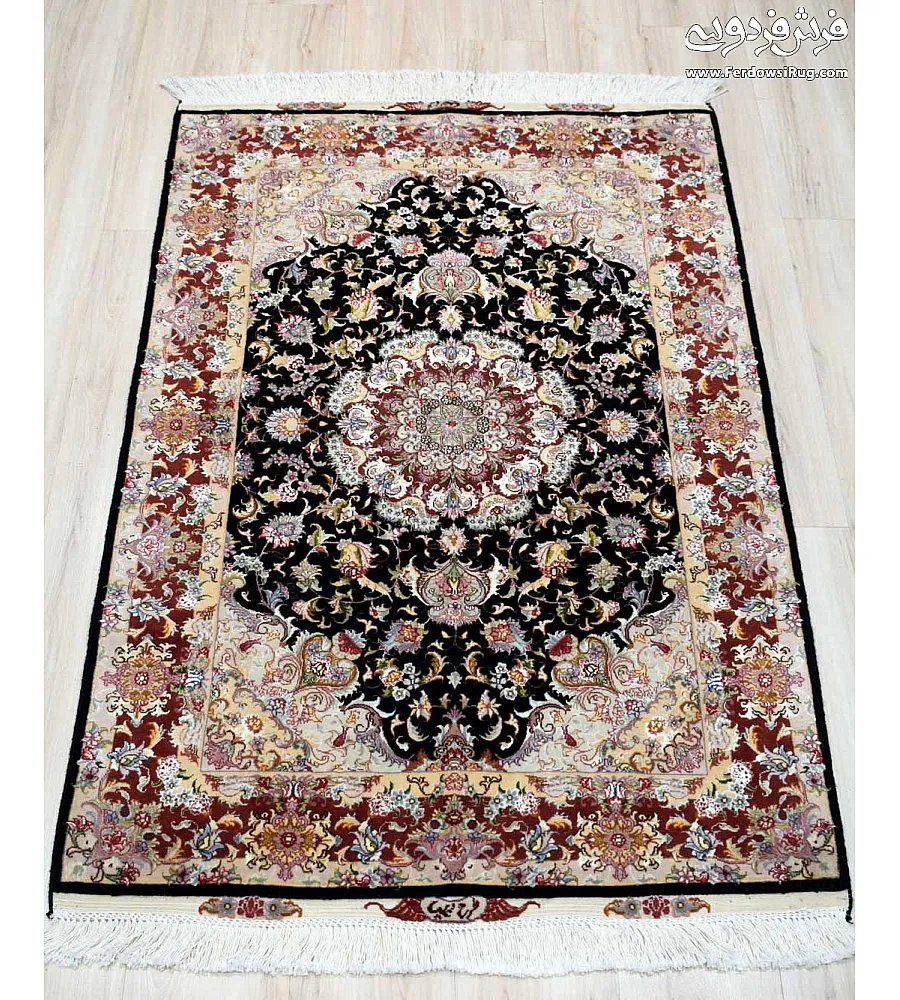 Handwoven black rug, 1.5 meters, Aliya design with intricate Tabriz weaving, perfect for home decor and adding elegance to any space.