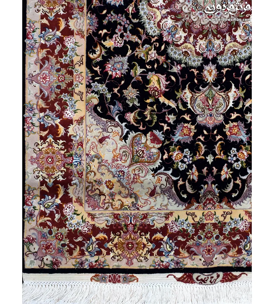 Handwoven black rug, 1.5 meters, Aliya design with intricate Tabriz weaving, perfect for home decor and adding elegance to any space.