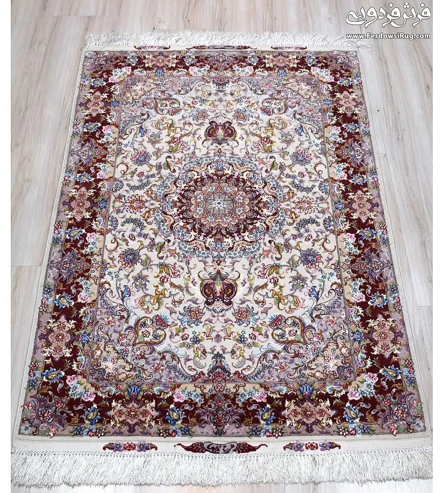 Hand-woven carpet with Zar-o-Nim design, Alia cream base and copper border, crafted in Tabriz weaving style for elegant interiors.