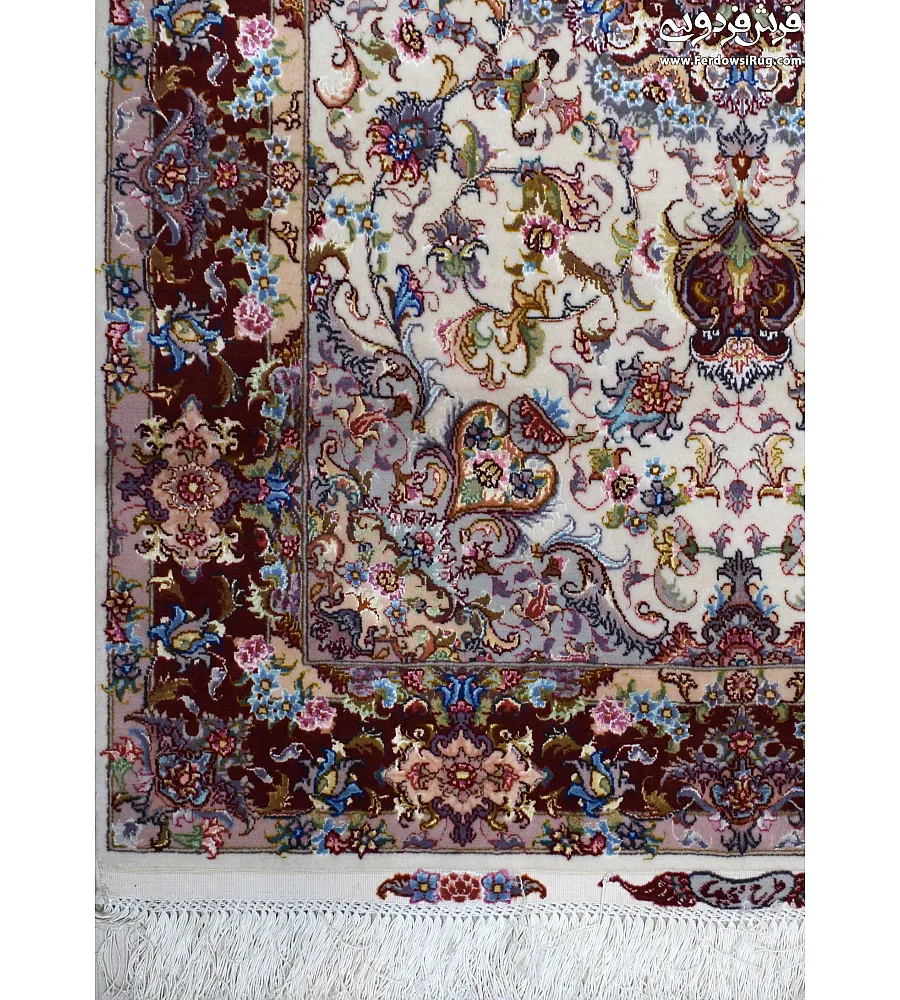 Hand-woven carpet with Zar-o-Nim design, Alia cream base and copper border, crafted in Tabriz weaving style for elegant interiors.