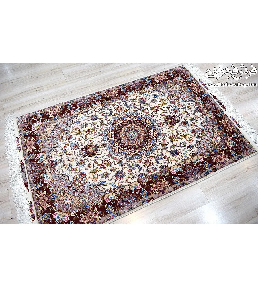 Hand-woven carpet with Zar-o-Nim design, Alia cream base and copper border, crafted in Tabriz weaving style for elegant interiors.