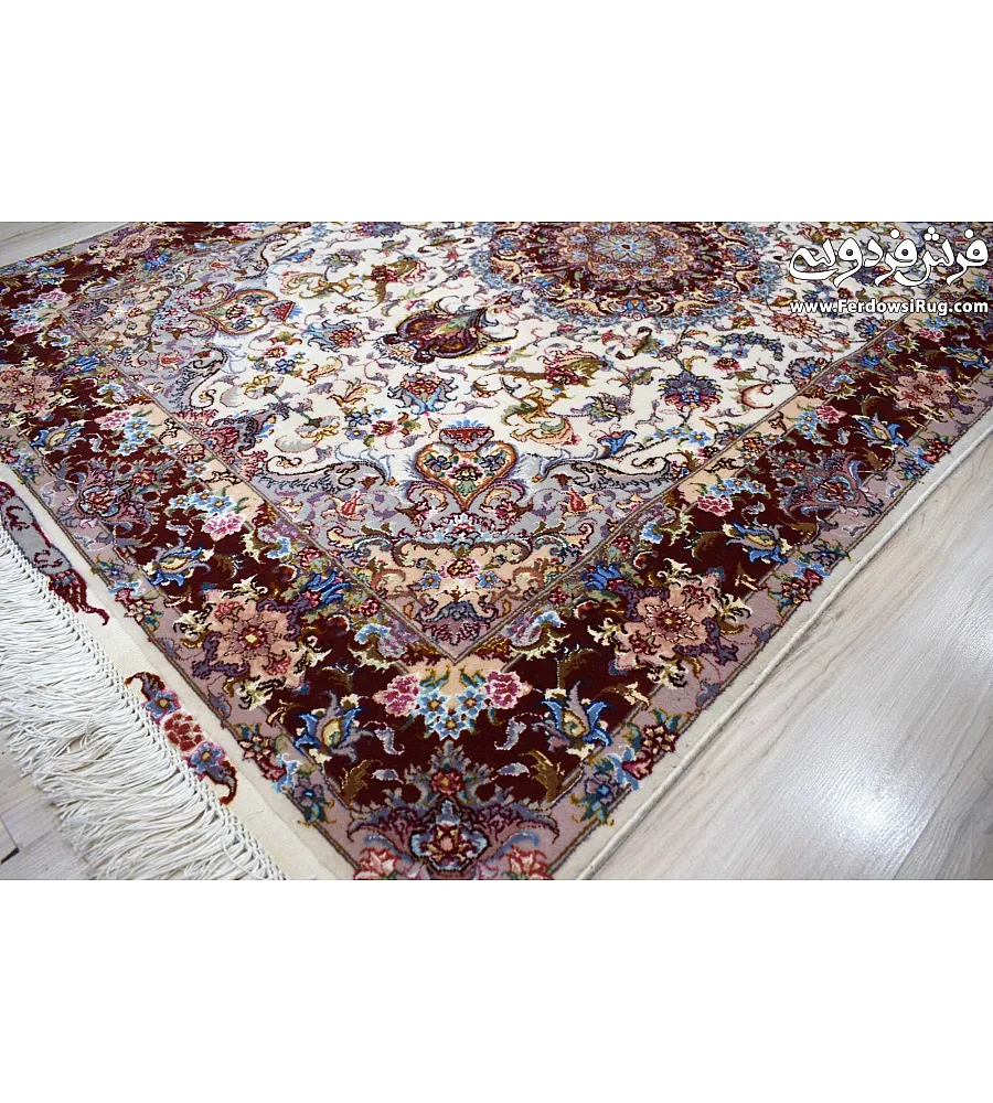 Hand-woven carpet with Zar-o-Nim design, Alia cream base and copper border, crafted in Tabriz weaving style for elegant interiors.