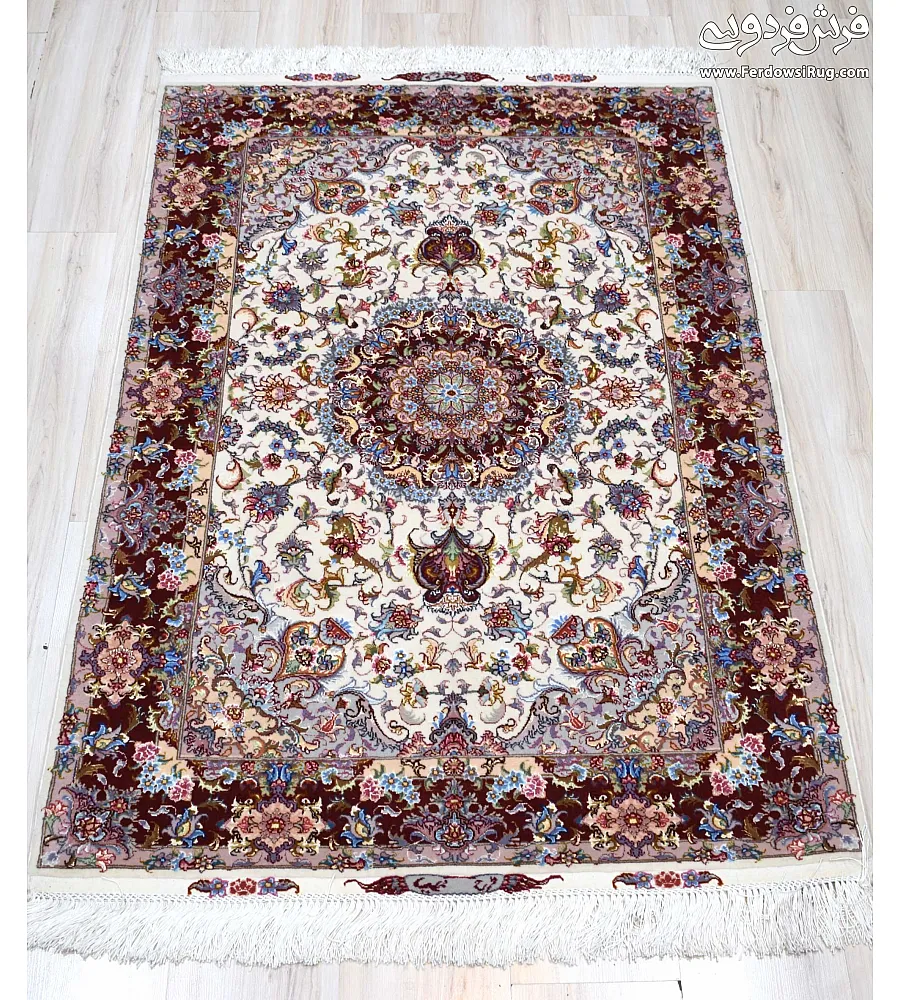 Hand-woven carpet with Zar-o-Nim design, Alia cream base and copper border, crafted in Tabriz weaving style for elegant interiors.