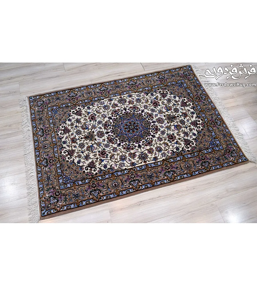 Handmade Isfahan rug, 1.5 meters, featuring intricate Toranj design, crafted with premium materials for timeless elegance.