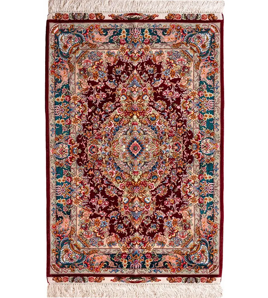 فرش دستباف ذرع نیم طرح خطیبی رنگ شرابی با حاشیه سبز مناسب دکوراسیون کلاسیک و سنتی ساخت تبریز