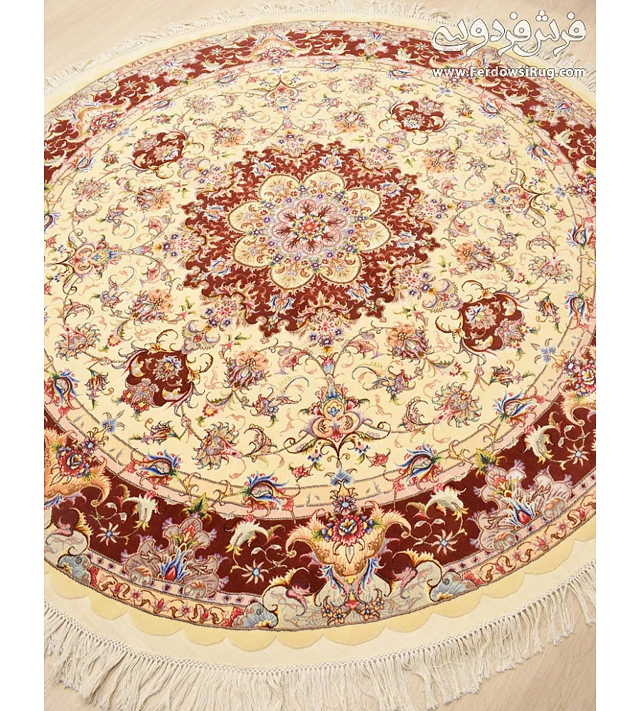 2x2 round handwoven carpet with Tabriz weave, Alia design, crafted from warp threads, ideal for adding elegance to home decor.